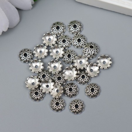 Decor hat for beads Metal "Flower of drops" silver G030B892 set 30 pcs 0.8x0.8 cm-2