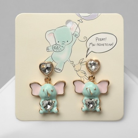 Emall earrings "Elephants" with hearts, colored in silver