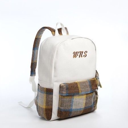 Youth backpack from textiles, 3 pockets, white/brown/blue color-2