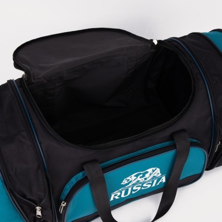 Road bag on a zipper, with an increase, 3 outer pockets, a long belt, black/turquoise color-3