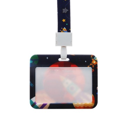 Badge horizontal external size 10 x 7.8 cm, internal size 5.2 x 8.2 cm, tape 42 cm, with the pattern "Cosmos"