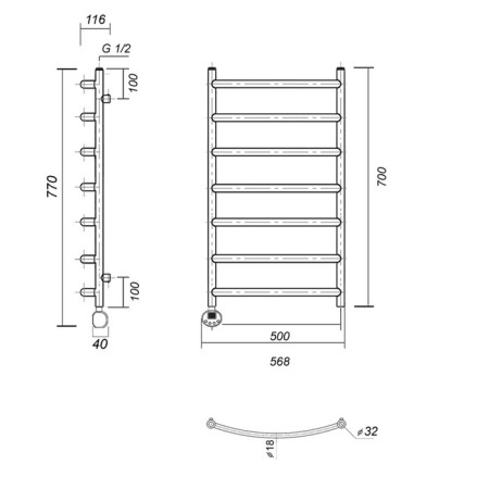 Domoterm electric heated towel rail "Calipso" P7, 500x700 mm, left, black matte-3