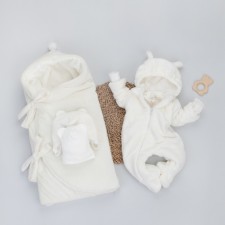 Kinderlitto “Freckle” discharge kit, 5 items: blanket-convert, hat, overalls-slip, overalls, hat, demi-season, height 50-56 cm, color milk