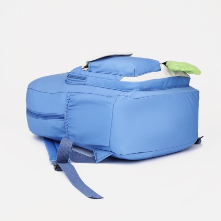 A backpack with a zipper, 4 external pockets, the color is light blue-2
