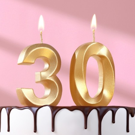 Candle in the cake anniversary "line" (set 2 in 1), number 30, gold metallic, 6.5 cm