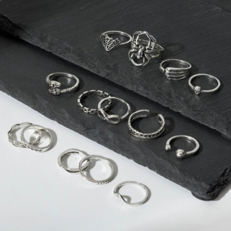 Set of rings 15 pieces "Assorted" Spider, Web, Size Mix, Color Black Silver-2
