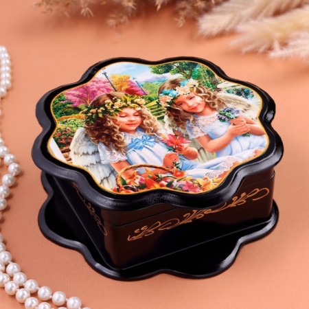 Casket "Angels", black, 16 x 16 cm, lacquer miniature