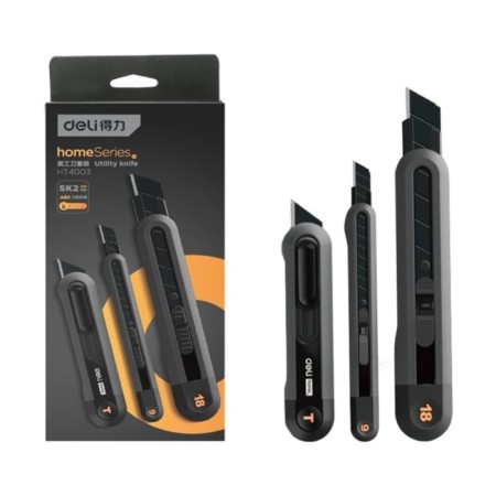 Set of knives of technical Deli HT4003 123286, black, 9 mm, 18 mm, trapezoid, 3 pcs.