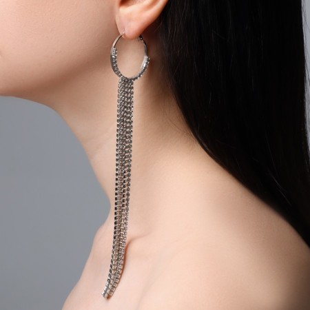 Hanging earrings with Hollywood rhinestones on rings, white color in silver, 17 cm-2