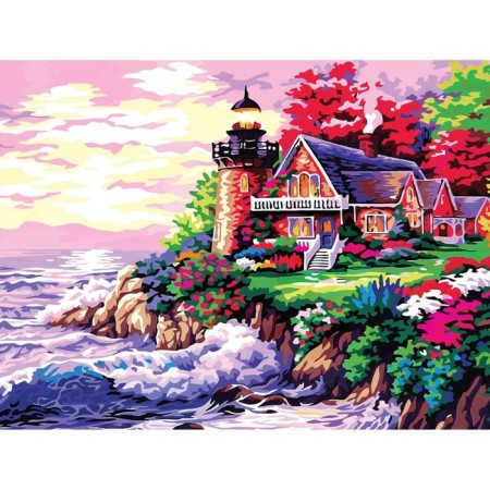 Diamond mosaic with a complete filling on the subframe "House by the Sea", 30 x 40 cm-1