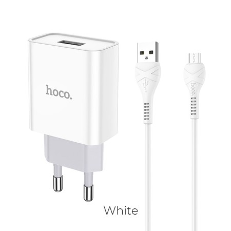 Network charger Hoco C81a, USB, 2.1 A, MicroUSB 1 m cable, white-1