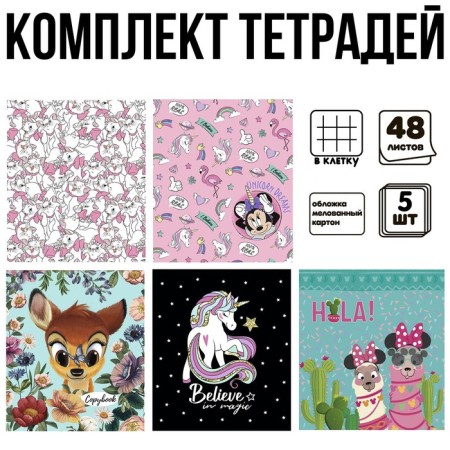 A set of notebooks is 5 pieces, 48 ​​sheets, in a cage, cover of coated cardboard, Disney