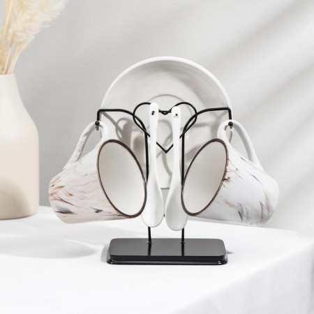 Tea ceramic tea on a metal stand “Marble”, 6 objects: 2 cups 200 ml, 2 saucers d = 14 cm, 2 spoons