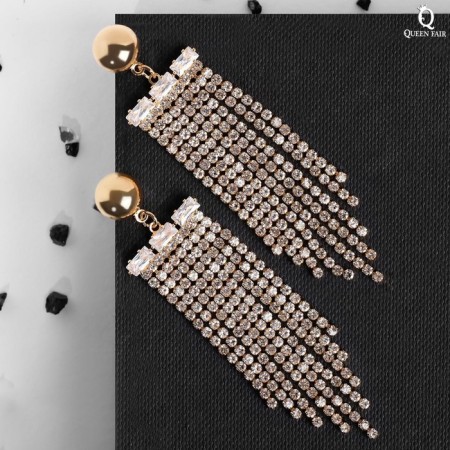 Hanging earrings with rhinestones "Moulin Rouge", white color in gold, 8 cm-1