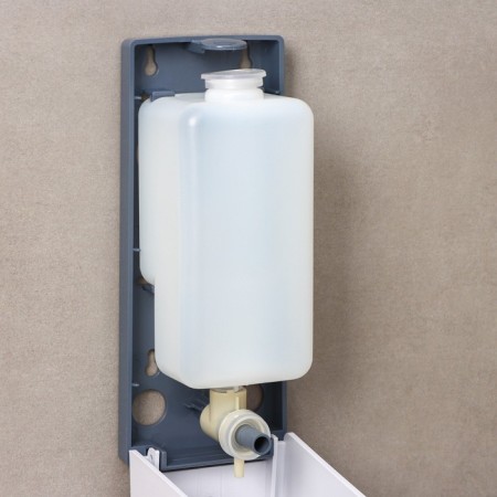 The dispenser for an antiseptic or liquid soap is mechanical, 600 ml, plastic, white color-11