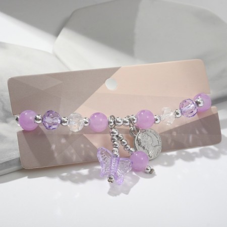 Bracelet "Joy" coin and butterflies, white-lilac color in silver, d = 7 cm-1