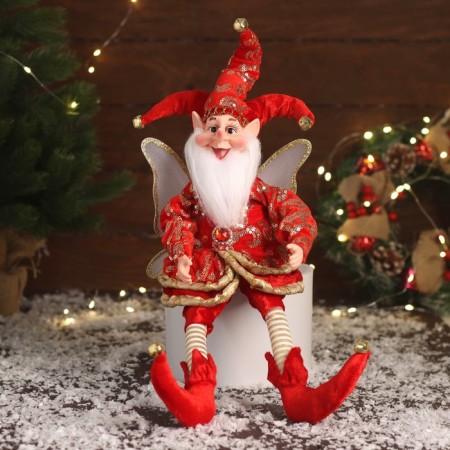 New Year's jester "with wings" sits, moves, 39x14 cm, red