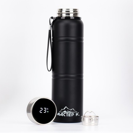 Thermos, 1 l, Warm, retains heat 24 hours, with a strainer, with a temperature sensor, black-2
