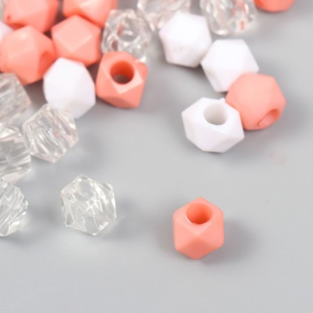 Plastic beads "Crystal polyhedron. Coral, white, transparent" set of 30 g 1x1x1 cm-2