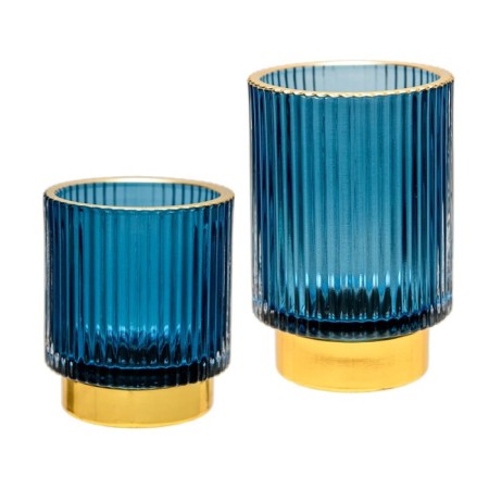 Decorative candlestick made of colored embossed glass, 70 × 70 × 80 mm, blue color-3