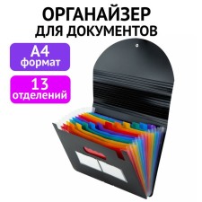 Папка-картотека, А4, 12 отделений, 800 мкм, BRAUBERG DOCS, с расширением, карман для визитки, на резинке, тиснение "песок", черная