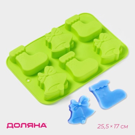 The form for baking the deed "New Year. Bells and boot ", silicone, 25.5 × 17 cm, 6 cells, green color