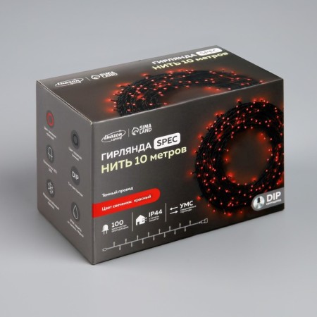 Garland "thread" 10 m, IP44, UMS, dark thread, 100 LED, red glow, 220 V-7