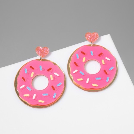 Acryl Earrings "Yummy" Donuts with hearts, pink color in silver-5