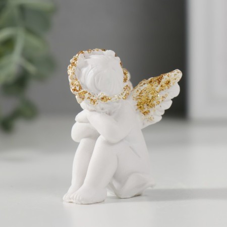 Souvenir Polystone "angel with the head on the knees sits" white with gold 4.5x3.2x4.5 cm-3