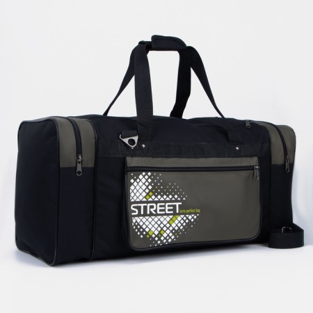 Road bag, 3 parts on zippers, external pocket, long belt, black color/hucky