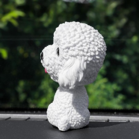 Dog on a car panel shocking his head, poodle-1