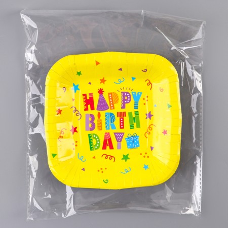 Disposable plate square paper "Happy Birthday", yellow, 16.5x16.5 cm-5