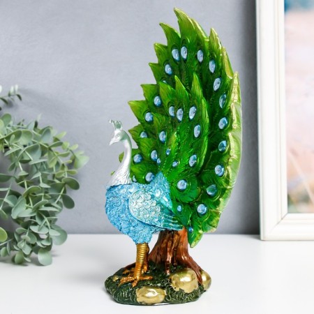 Polystone souvenir "Blue peacock with green blossomed tail in the meadow" 10.5x22x26 cm-4