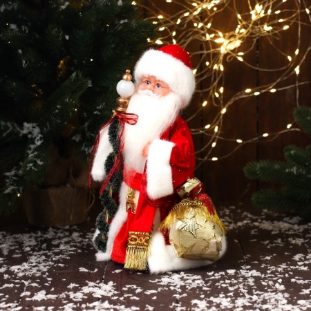 Santa Claus "with a decorated staff and bag" moves, with backlight, 30x16 cm, red