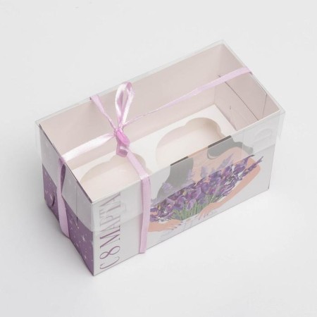 Capcake box, confectionery packaging with PVC lid, 2 cells, Lavender, March 8, 16 x 8 x 10 cm-2