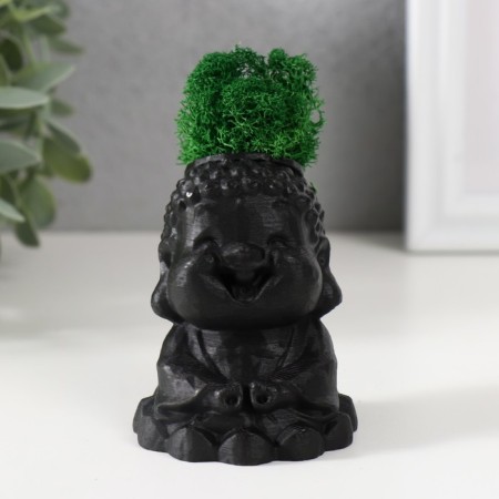Concrete Kashpo "Buddha" 5.5x6.5x7cm black matte with moss (moss green stabilized)