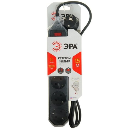 Network filter "ERA" USF-5S-1.5M-B, 5 outlets, 1.5 m, 10 A, with salary, 3x0.75 mm2, black-1