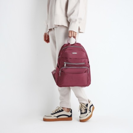 A backpack with a zipper, 5 outer pockets, pencil case, burgundy color-11
