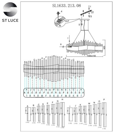 Suspended chandelier ST LUCE. SL1633.213.08. Olvera. 8x40 watts, E14, 100x15x42 cm, matte gold color-6