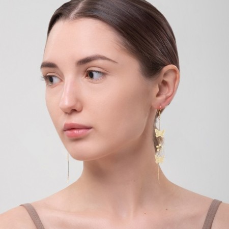Hanging earrings "Butterflies and flowers", white color in gold, 10 cm-2