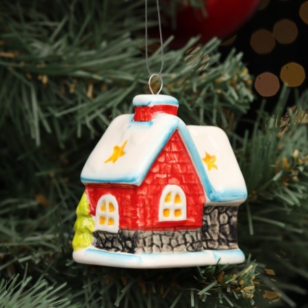 Christmas porcelain toy "House New Year No. 1", fastening loop, 7 cm-1