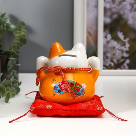 Souvenir Ceramics Pigger "Orange cat manki-nako with bells" 11.5x11.5x9.5 cm-3