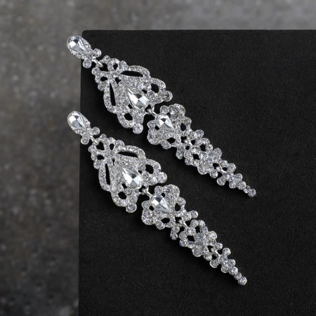 Hanging earrings with rhinestones "openwork" ice, white color in silver, 8.3 cm-3