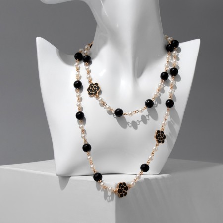 Beads with pearls "Galance" ball No. 10, black and white color in gold, l = 80 cm-4