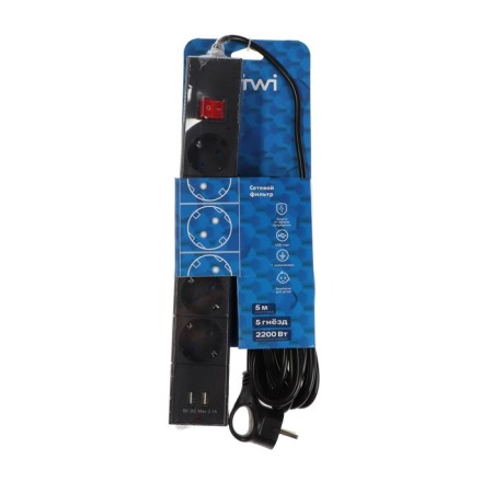 Network filter, 5 nests, 5m, s/h, curtains, PVS 3 IP0.75, 2USB, 2200W, 10A, Chern 32589 5-9