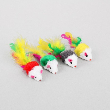 Toy for cats "Small Mouse" with feathers, 5 cm, mix of flowers-1