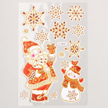 Plastic sticker "Santa Claus and Snowman under the snowflakes" golden red 17x27 cm
