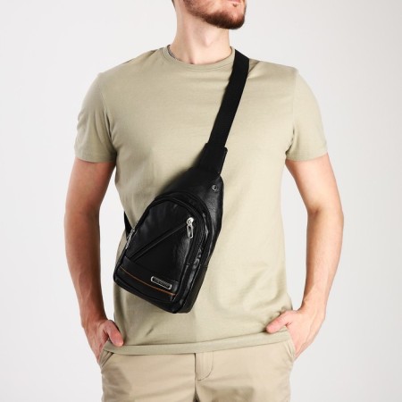 Male sling bag, artificial leather, headphone opening, black color-7