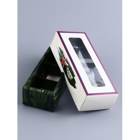 Box with a shell for 3 sweets, with the window "February 23", 13 x 5 x 3.3 cm. Confectionery packaging-3