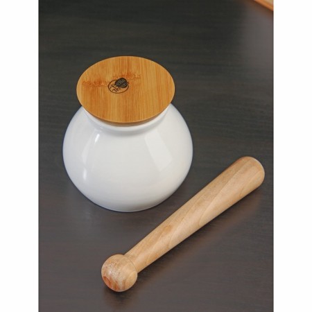 Porcelain mortar for spices with a pestle on the bamboo stand Bellatenero, 380 ml, white color-4